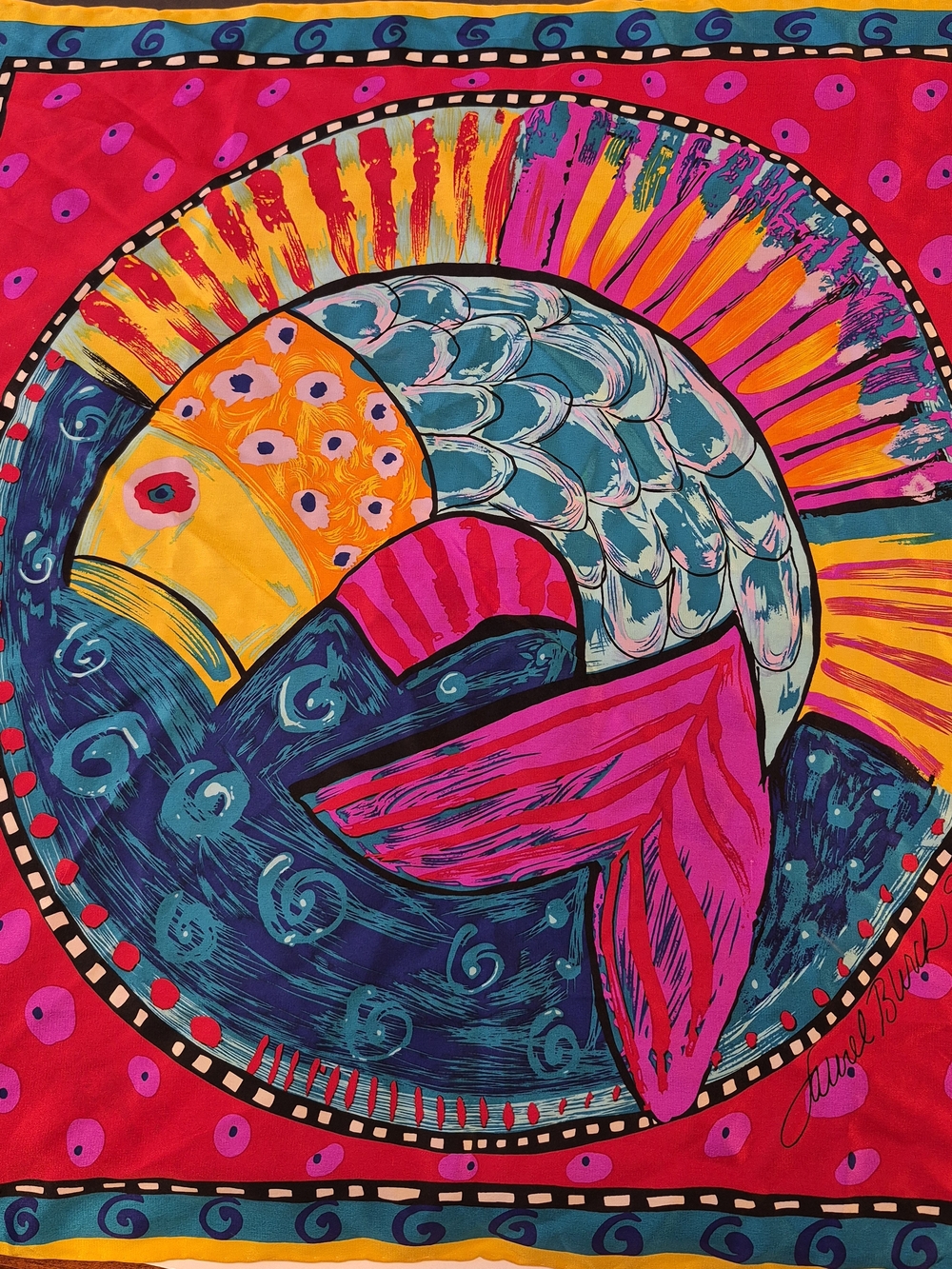Vintage 1998 Laurel Burch Bright Multicolor Fish Scarf 20×20
